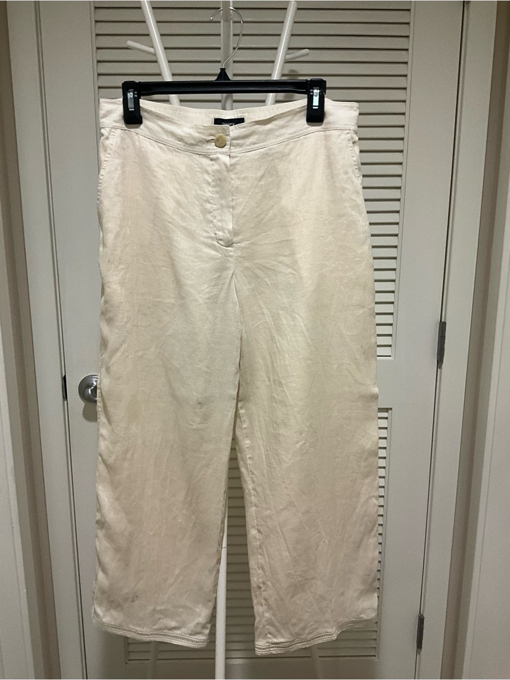 Theory Cream Wide-Leg Cropped Linen Pants